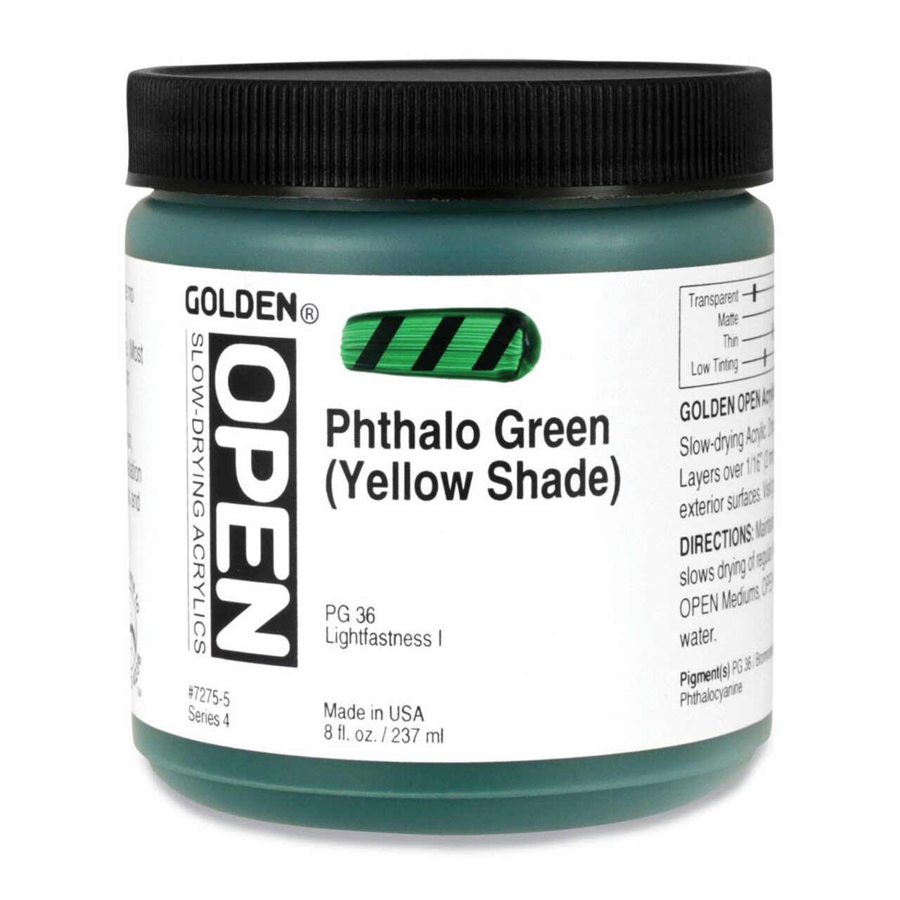 Golden Open Acrylics - Phthalo Green (Yellow Shade), 8 oz Jar